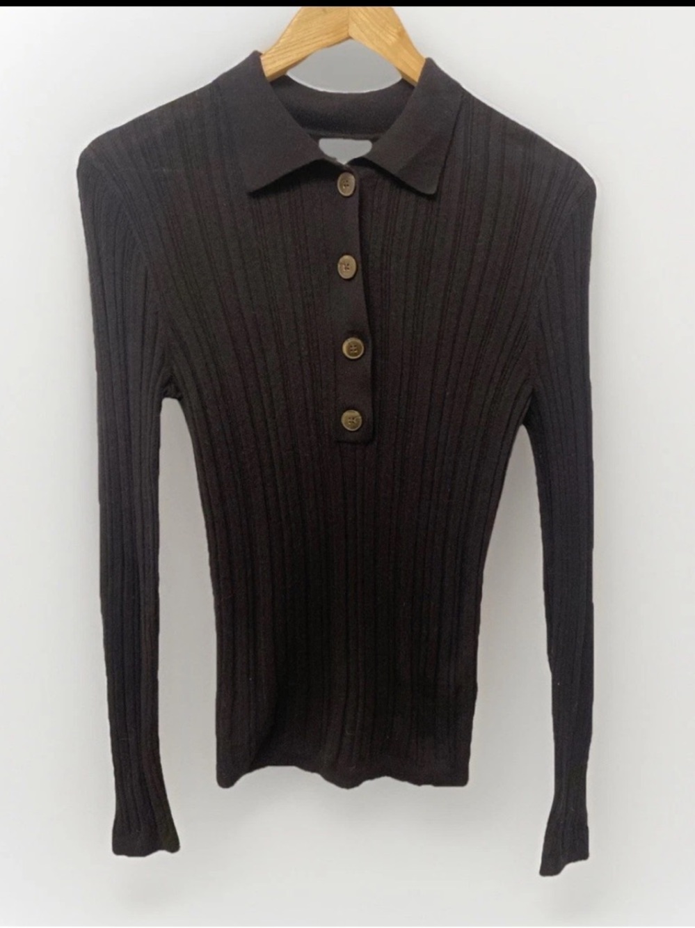 Reitmans Black Ribbed Collared Button-Front Long Sleeve Top